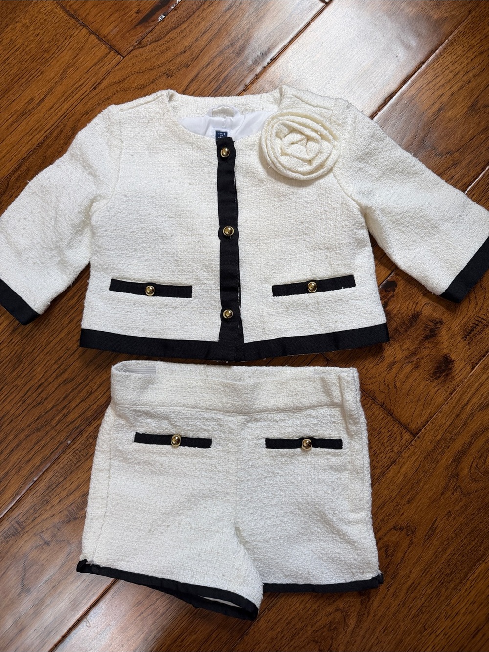 Girls Cream Boucle  Jacket & Shorts Set with Black Trim